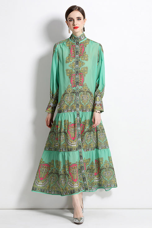 Autumn Retro Court Style, Lantern Sleeve, Belted, Ruffled Paisley Pattern Long Party, Festive Renaissance Dress - Mint